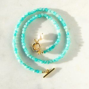 Amazonite Gemstone Necklace Gold Toggle Clasp Removable Baroque Pearl Genuine